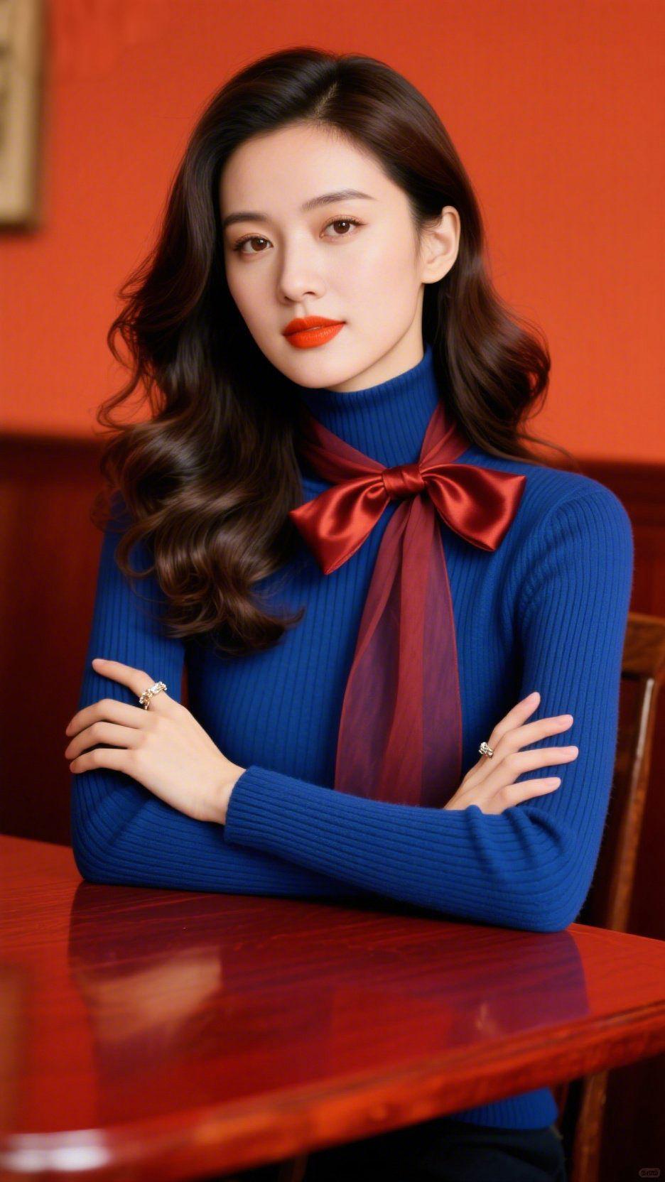 《蓝衫裹暖光》橘红底色像浸了暖茶的柔，衬得她身上的宝蓝毛衣愈发明净温软。那