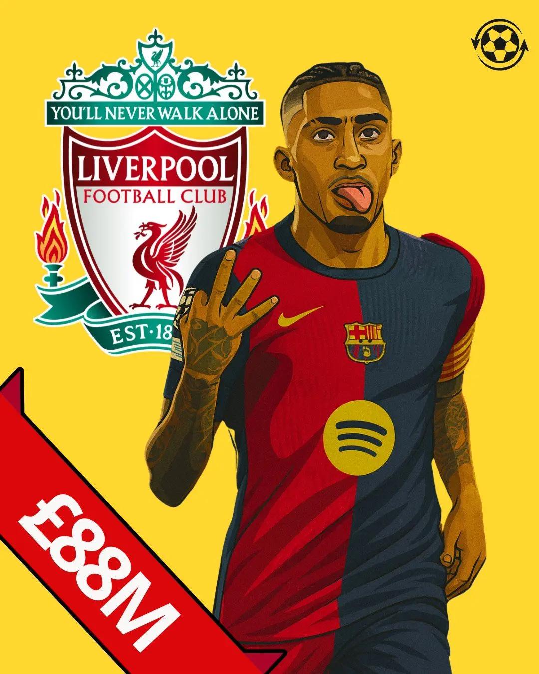 欧洲转会新闻！★堆积前锋！利物浦计划明年夏天报价8800万英镑求购巴萨前锋拉