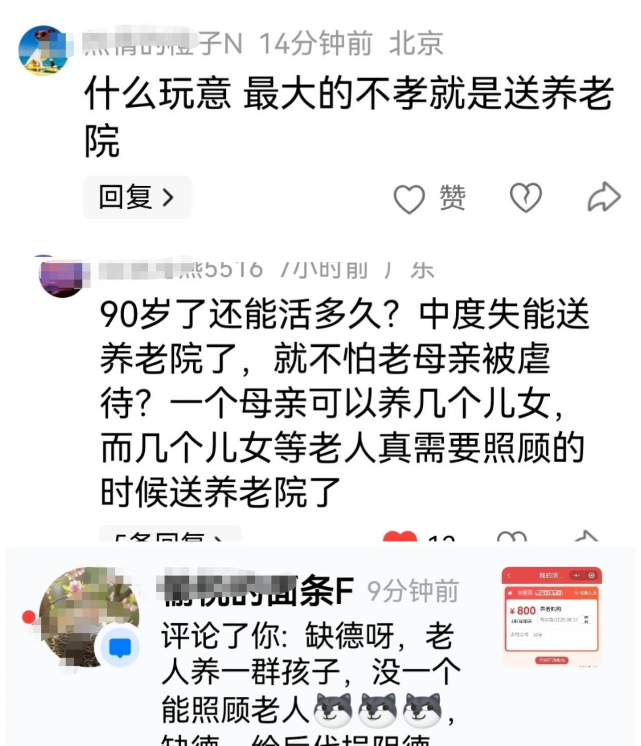这些人的观点就是：把老人送进养老院就是最大的不孝。各家有各家的具体情况，我们兄