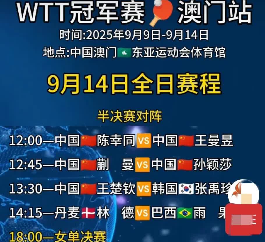 9月14日，世乒联冠军赛澳门站赛程