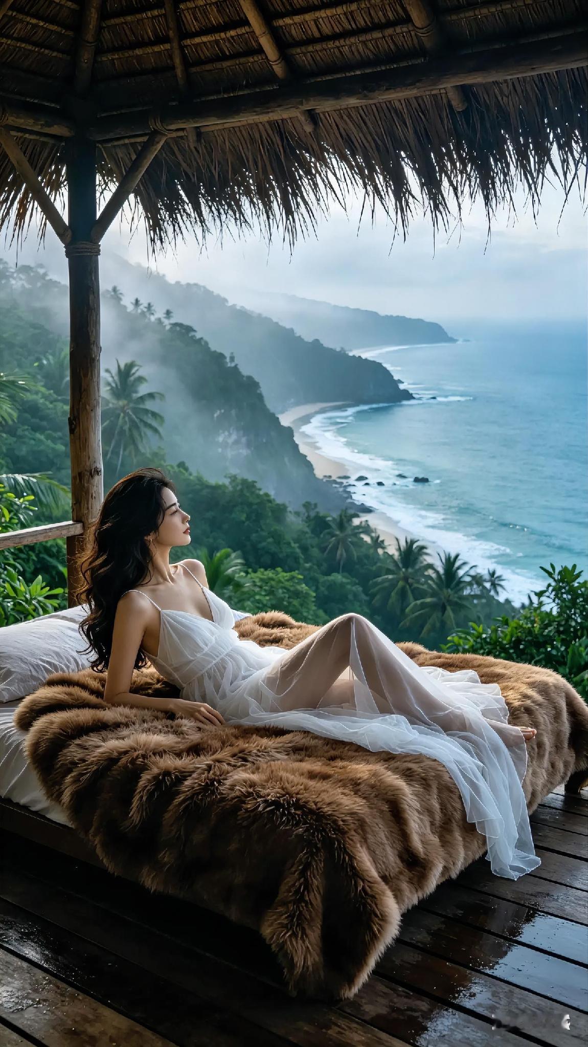 海边的浪漫时光，躺卧在毛毯上，享受宁静与美丽。海边度假慵懒风海边浪漫照