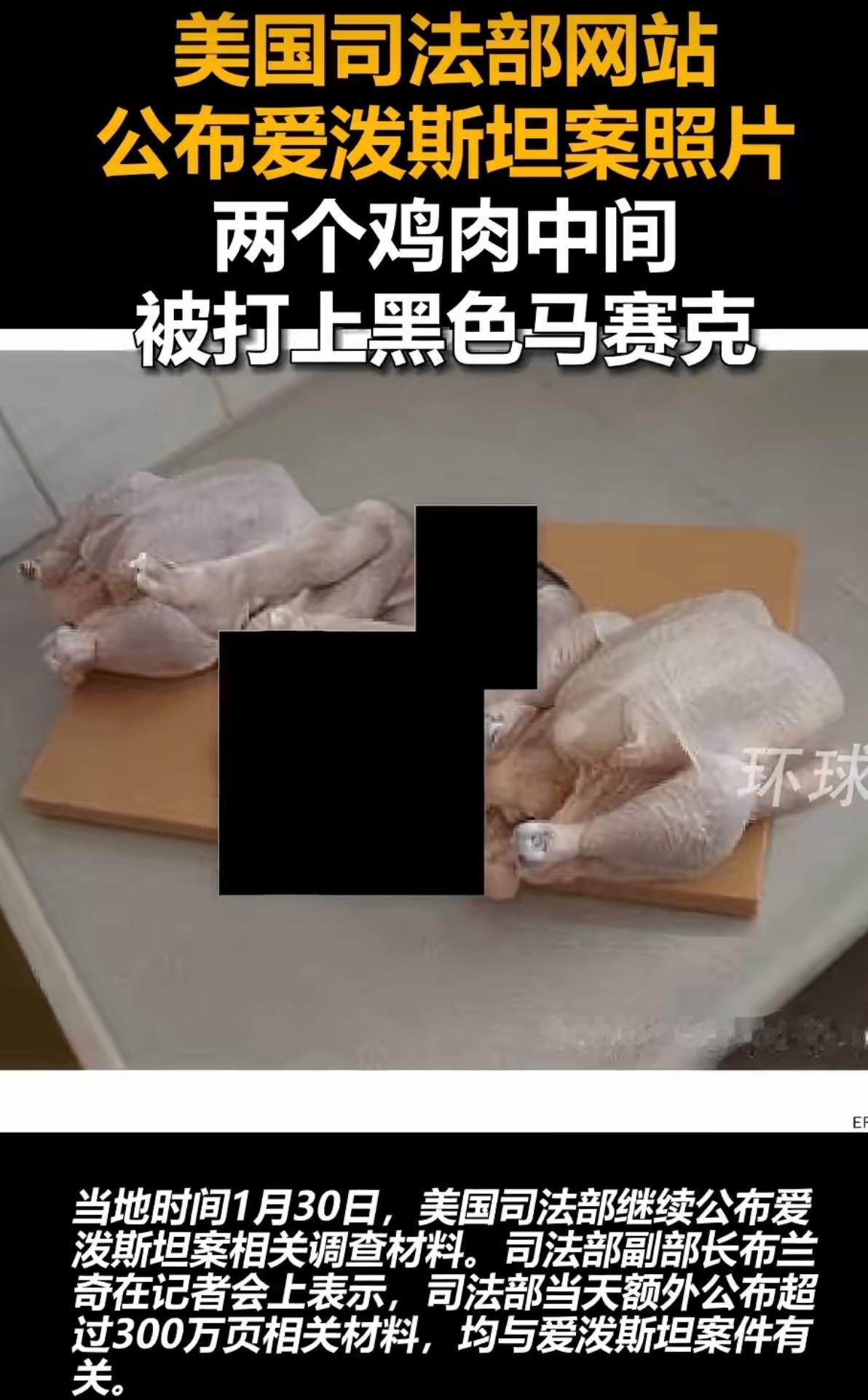 牢A说的都是真的！爱泼斯坦案流出照片细思极恐！照片中，两只脱毛鸡的中间被打上