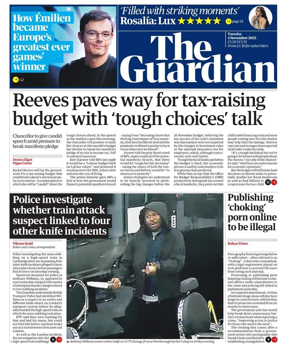 《卫报》报道称，由于英国财政恶化，英国财政大臣雷切尔·里夫斯将发表一篇关于艰难选