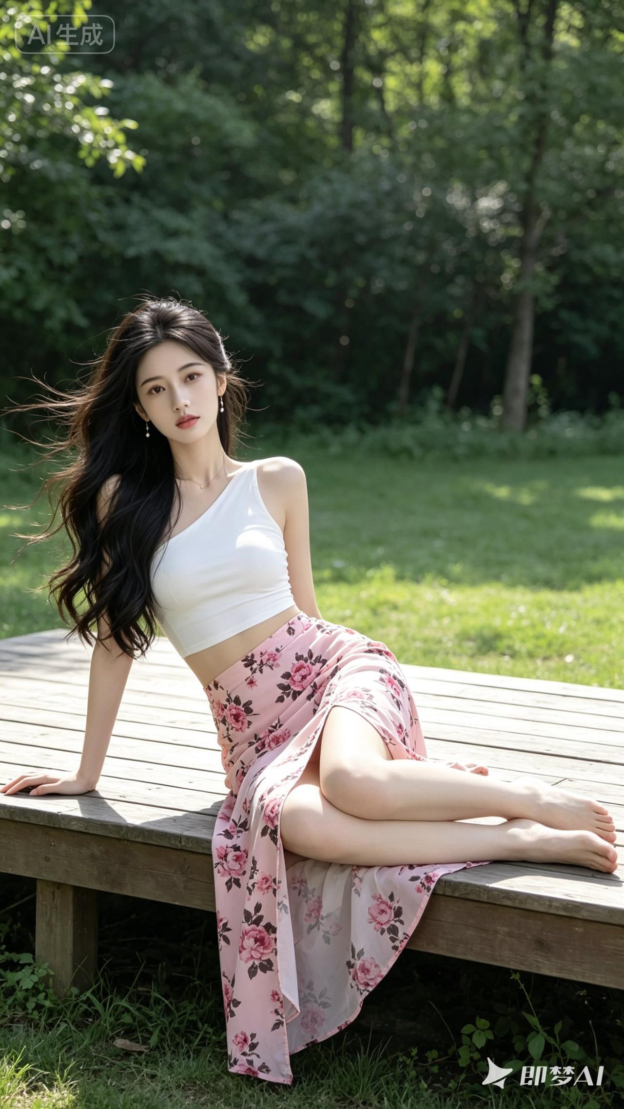 一个女孩坐在木凳上，穿着花裙子。