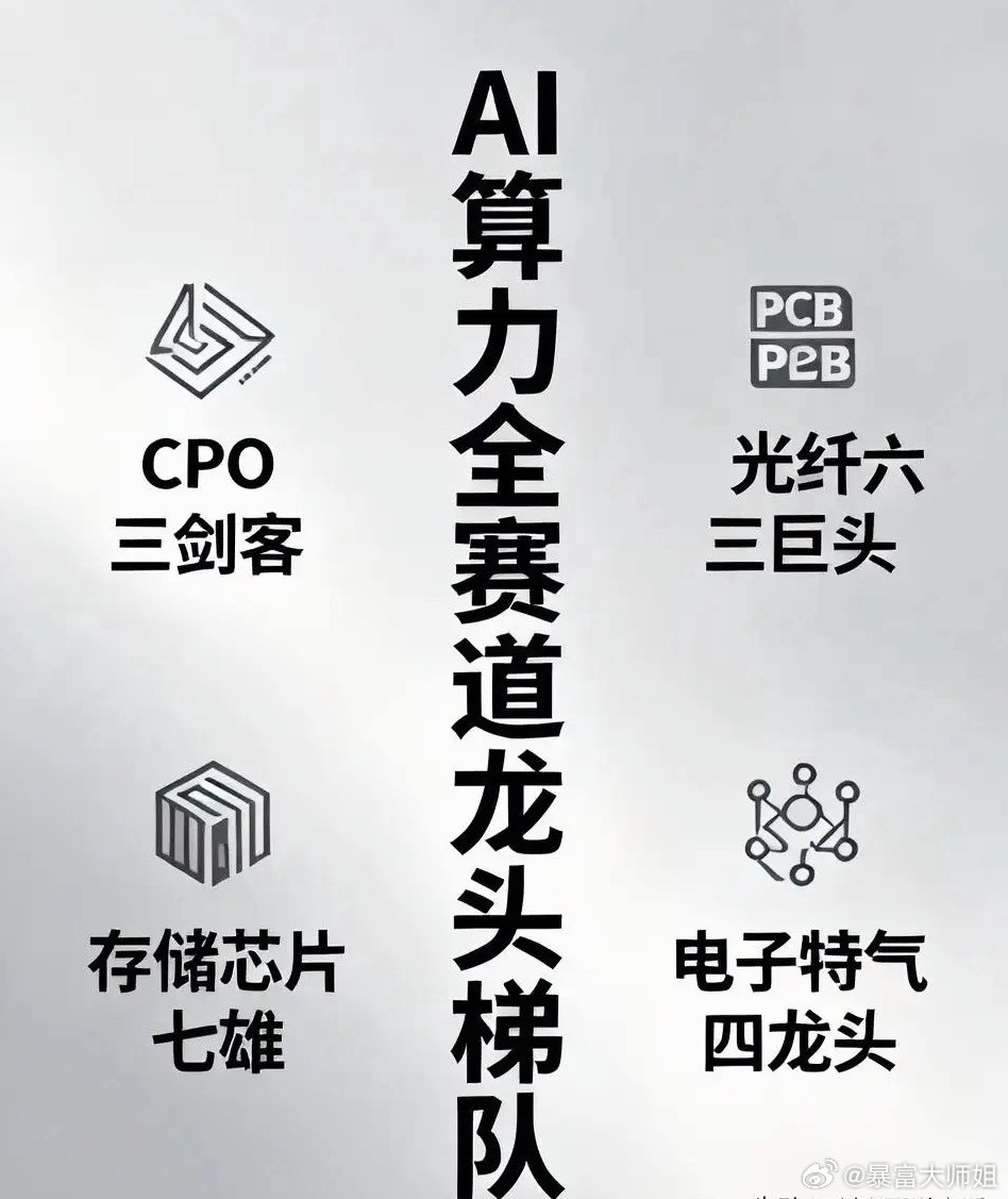 AI算力全赛道龙头梯队+赛道1、CPO三剑客：中际旭创、新易盛、天孚通信2、光纤
