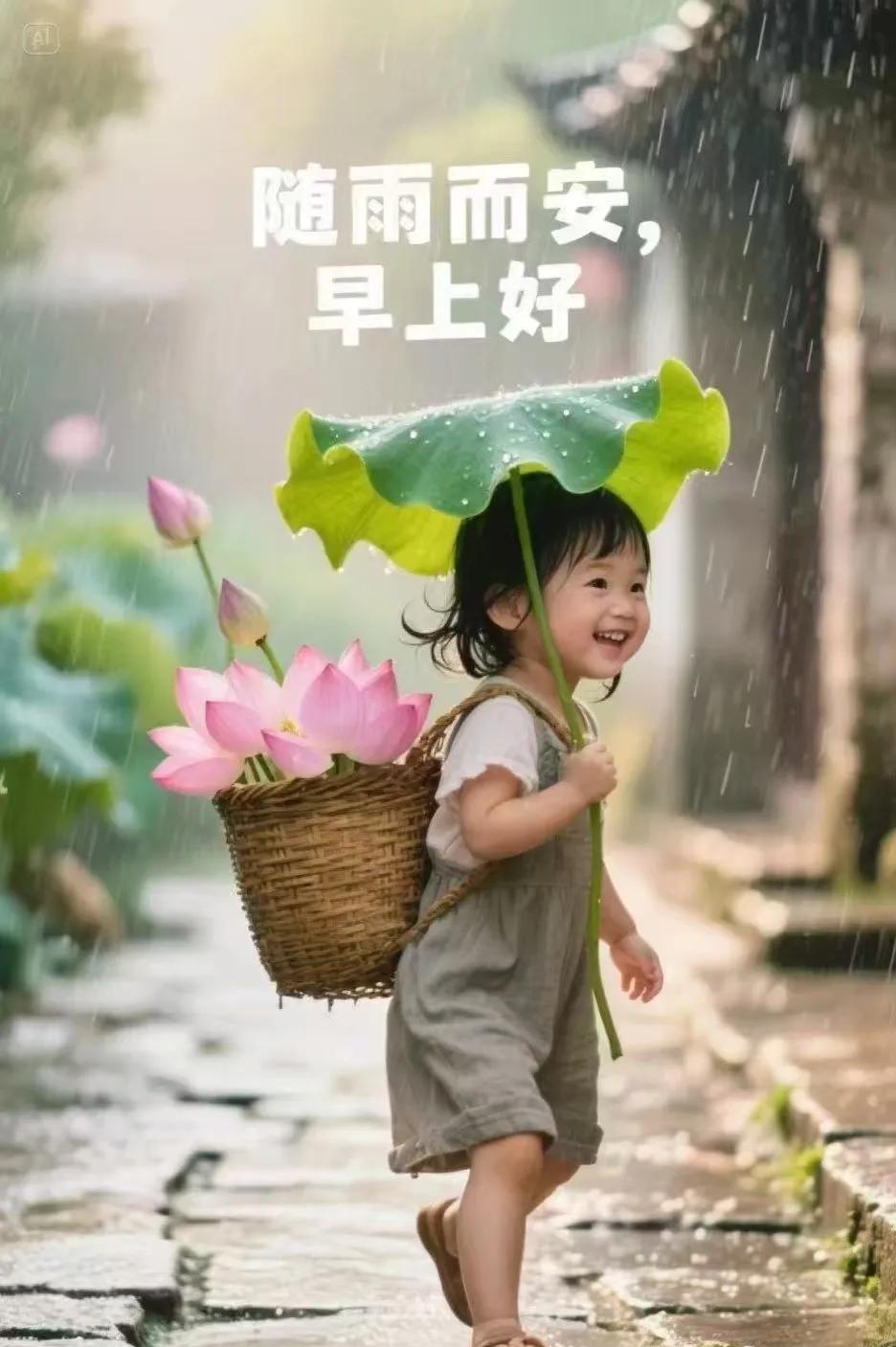 《雨间童趣》雨落青石板，荷伞伴童欢。莲影随波漾，悠然岁月宽。