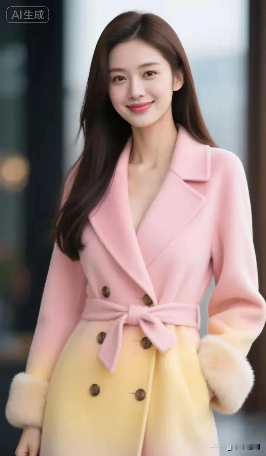 粉黄渐变裹着软绒的暖，腰间蝴蝶结轻系住一整个温柔的秋。风掠过衣摆时，连空气都浸着