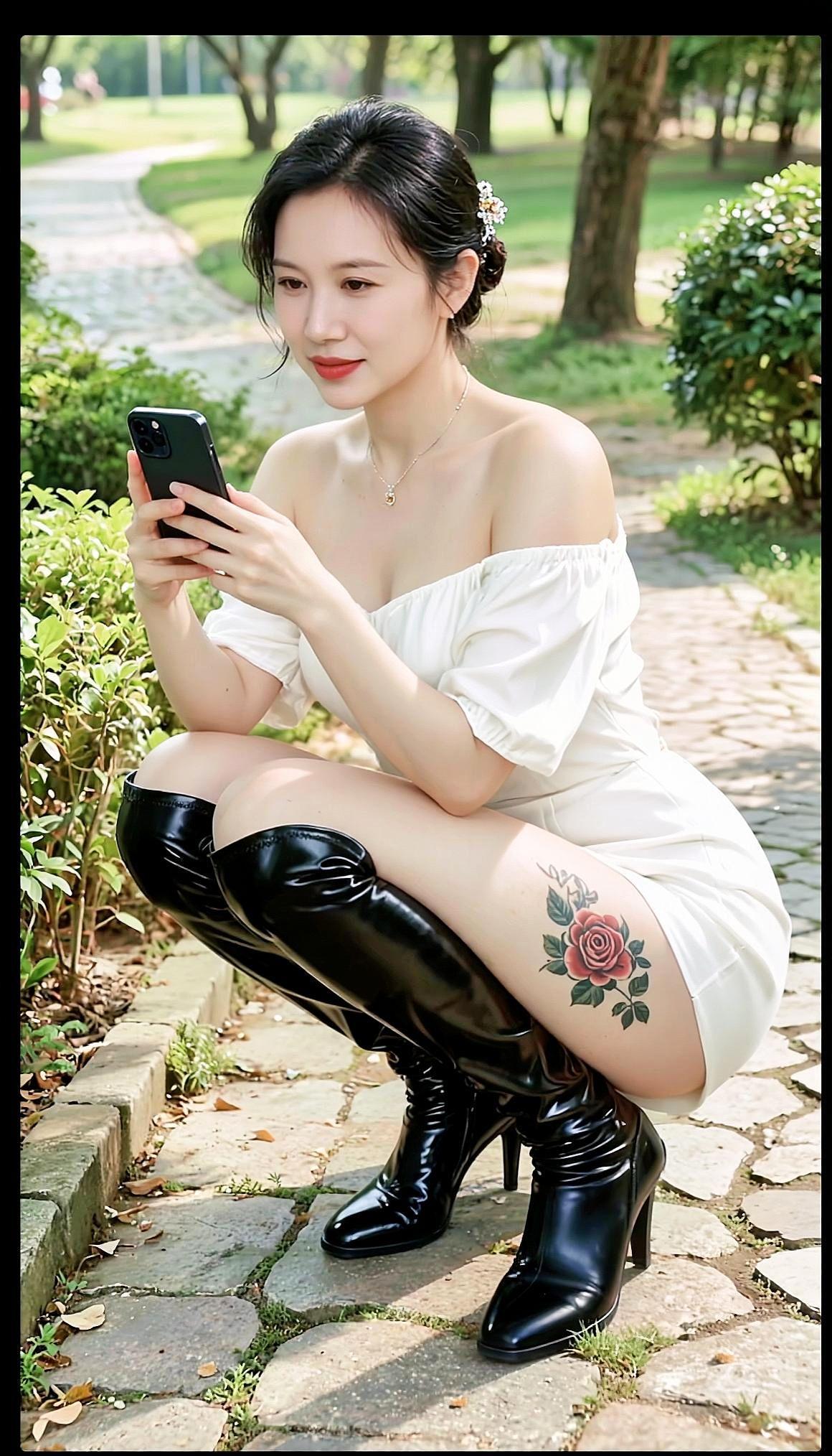 这身装扮，仿佛是时尚界的一场“起义”！裙子短得像是在和地心引力叫板，靴子高得像是