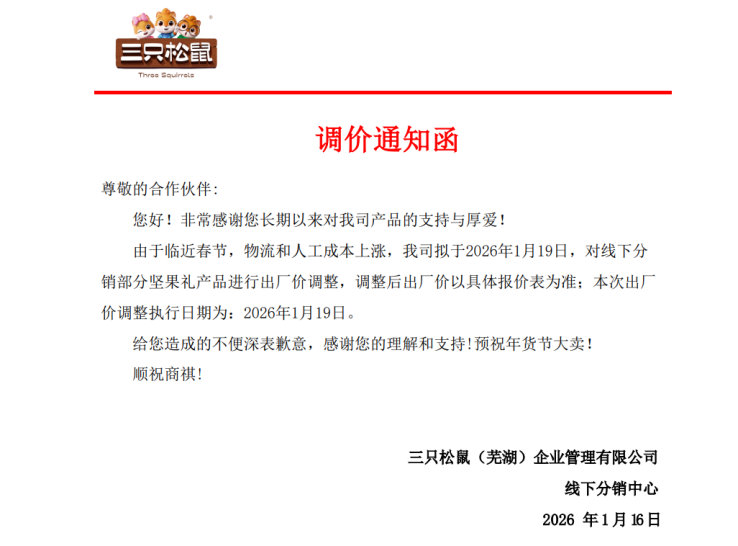 【三只松鼠宣布提价】三只松鼠部分坚果礼产品调价记者获悉，1月16日，三只松鼠M