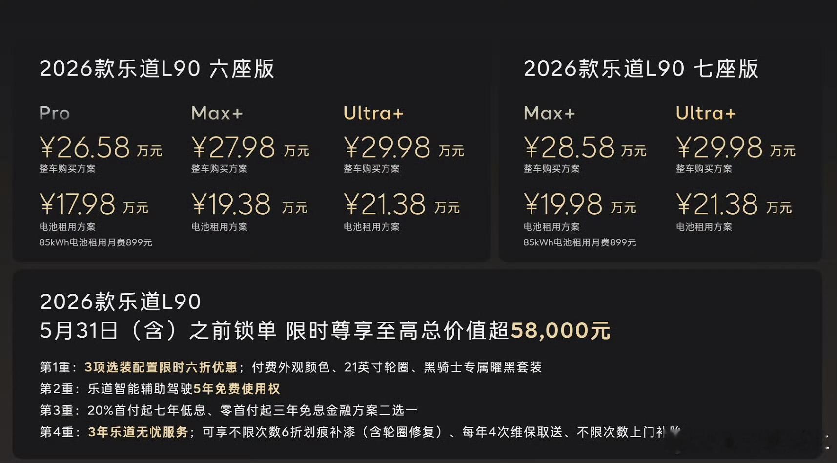 乐道L90正式上市，整车购买26.58万元起，电池租用方式购买，17.98万元起