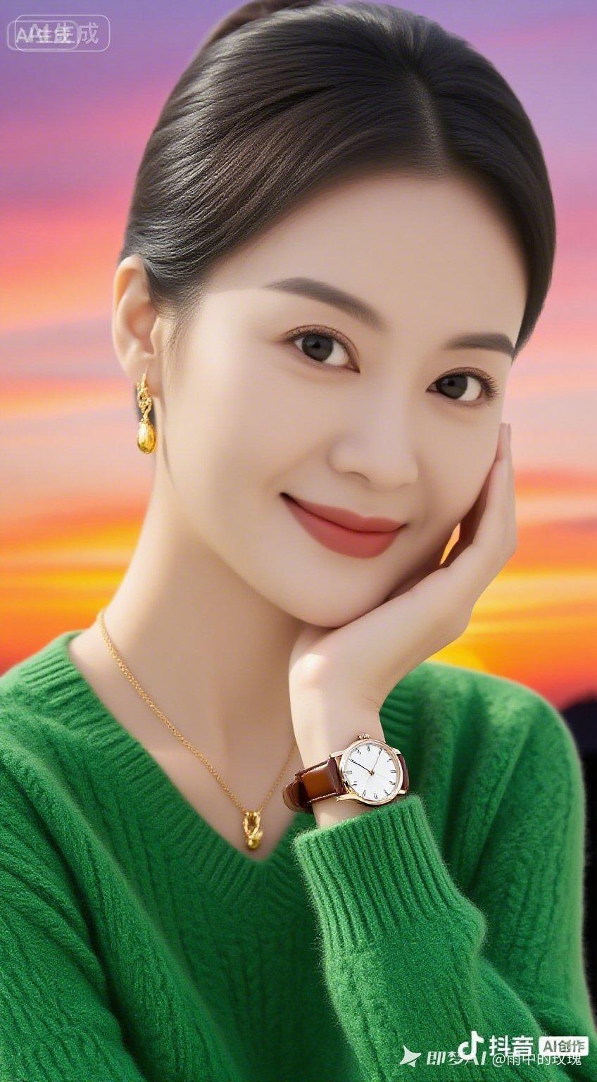 温柔微笑，绿衣少女，金色饰品，优雅时光。