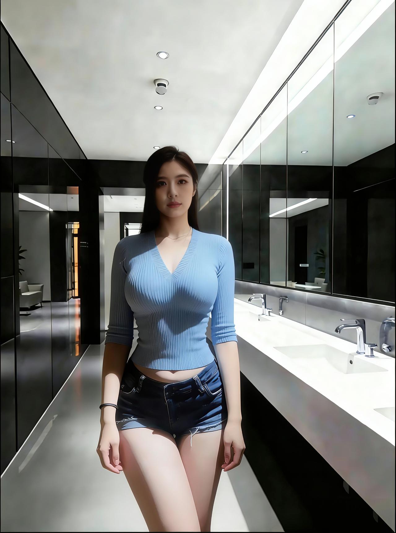 牛仔短裙搭配蓝色上衣，确实很耐看。时尚由她来定义。