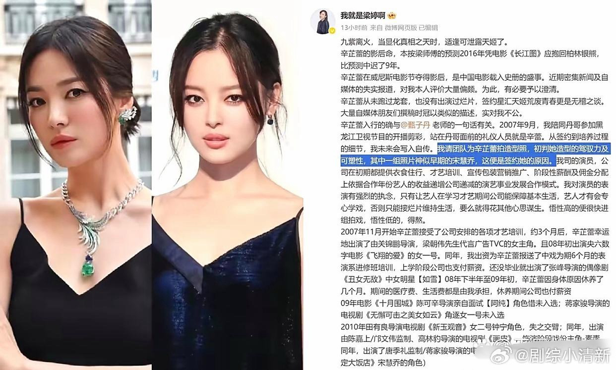 以前就有人说辛芷蕾跟宋慧乔长得像，还猜测她是走“小宋慧乔”路线的，今天辛芷蕾的前
