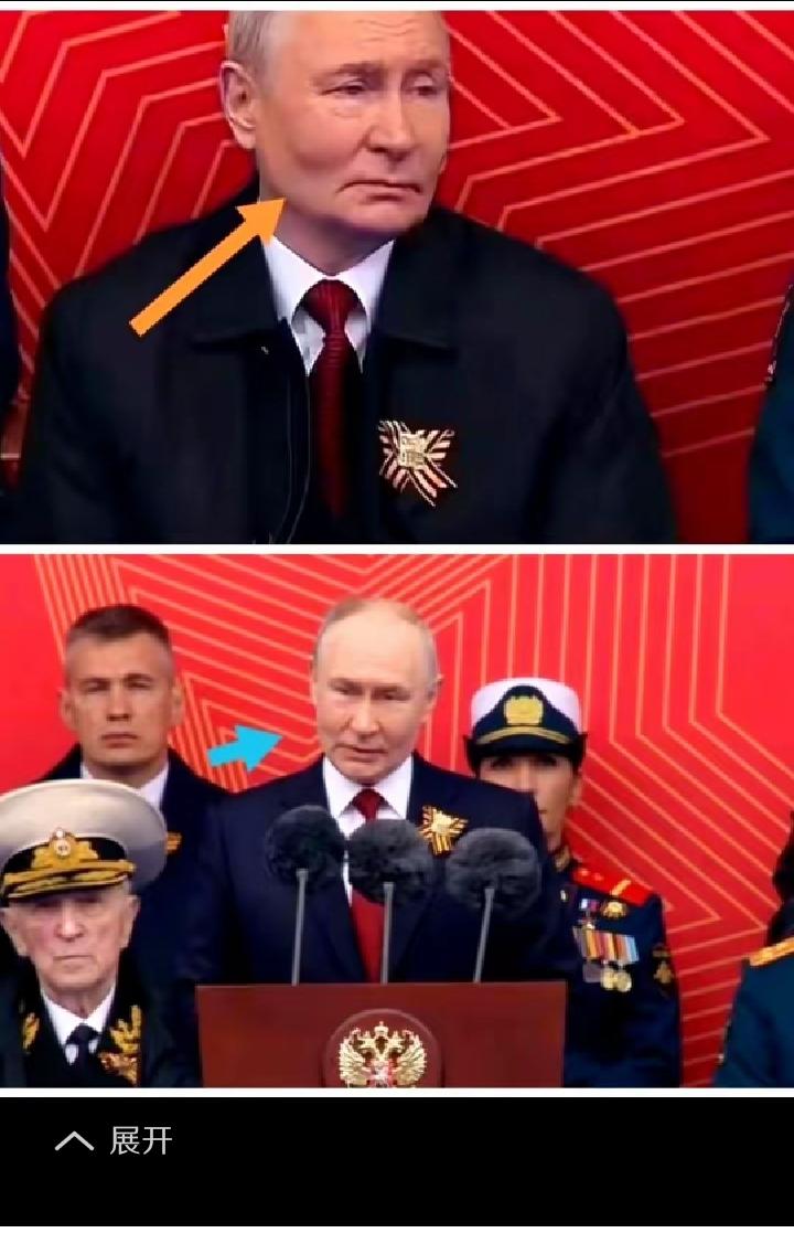 “关于普京的两张照片，突然就在网上炸开了。一张，是阅兵式上。腰杆挺得像根钢筋，