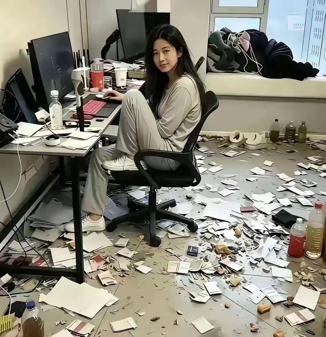 现在有些年轻人外表光鲜亮丽，内里却邋遢得很。就像照片里那眉清目秀的女孩，对满地垃