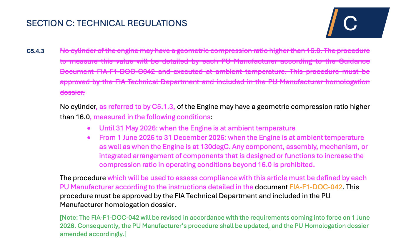 f1关于引擎压缩比的测量方式，FIA对规则进行了调整（如图）：👇引擎任何气缸