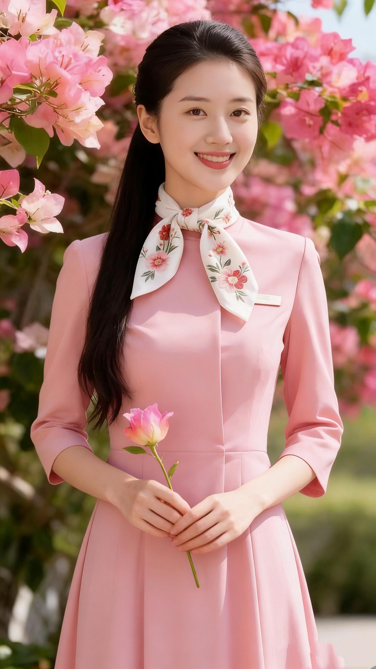 《粉裙伴春开》三角梅织成粉雾的午后，她立在花影里，藕粉色连衣裙像浸了柔光的