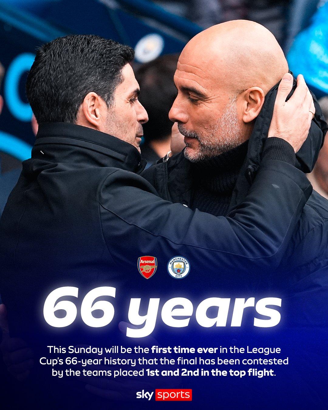 本周日曼城对阿森纳的联赛杯决赛也是联赛杯66年历史上首次联赛排名前二的球队之间的