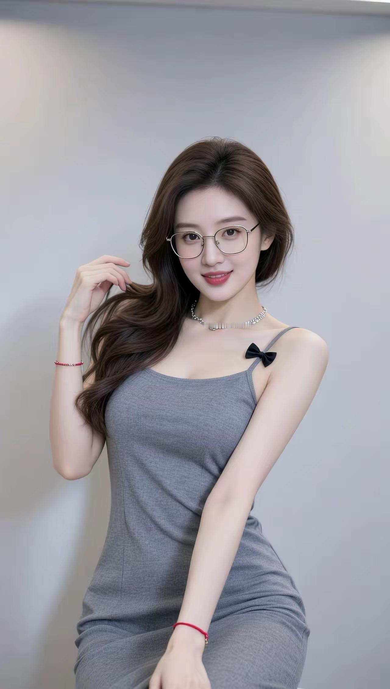 甜美气质少女，灰色连衣裙搭配珍珠项链，眼镜和发带点缀，温柔动人。分享美好生活照