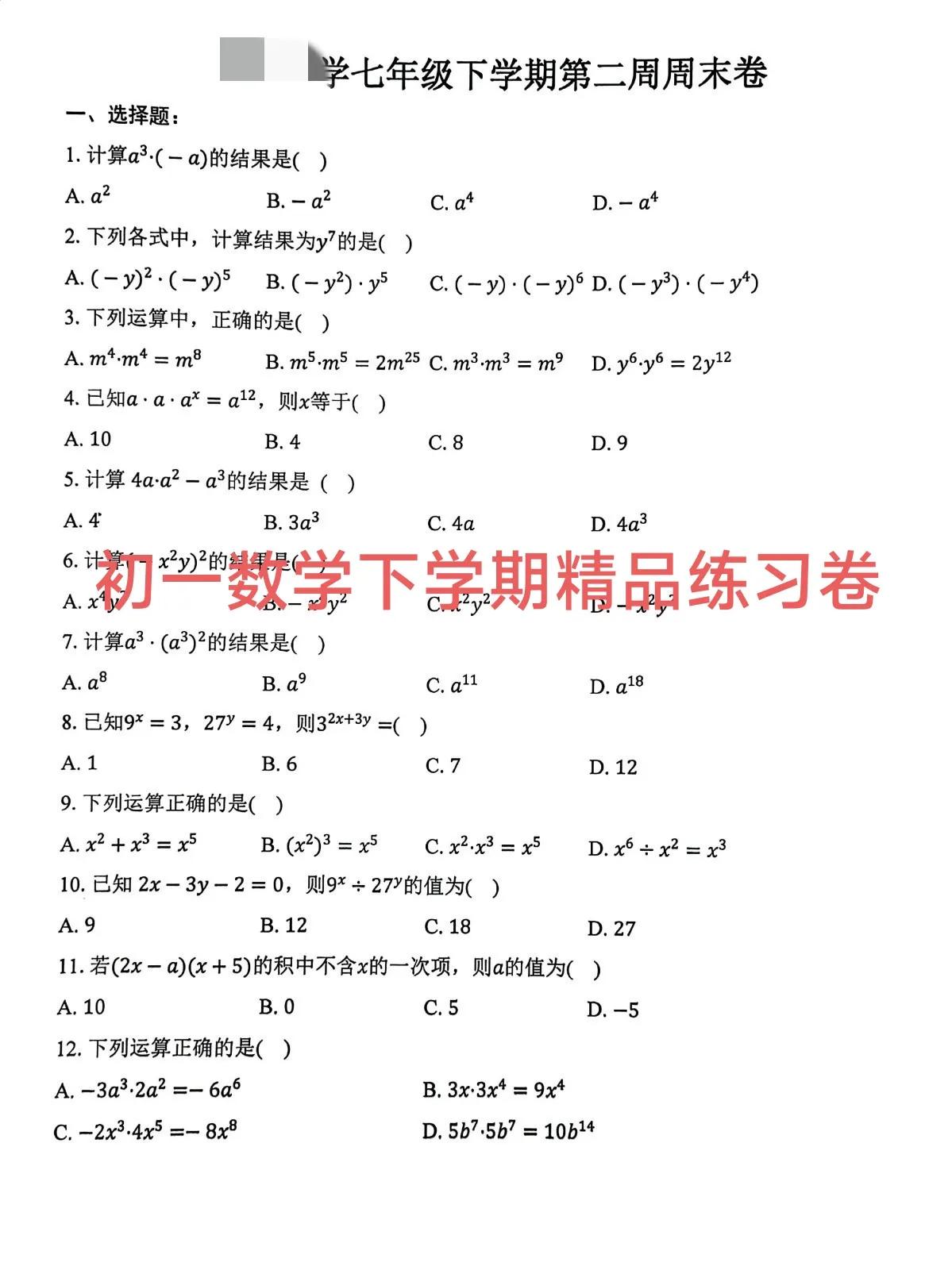 初一数学下学期精品练习卷，第一张整式的乘除第一部分《幂的运算》，整式的乘法。公式