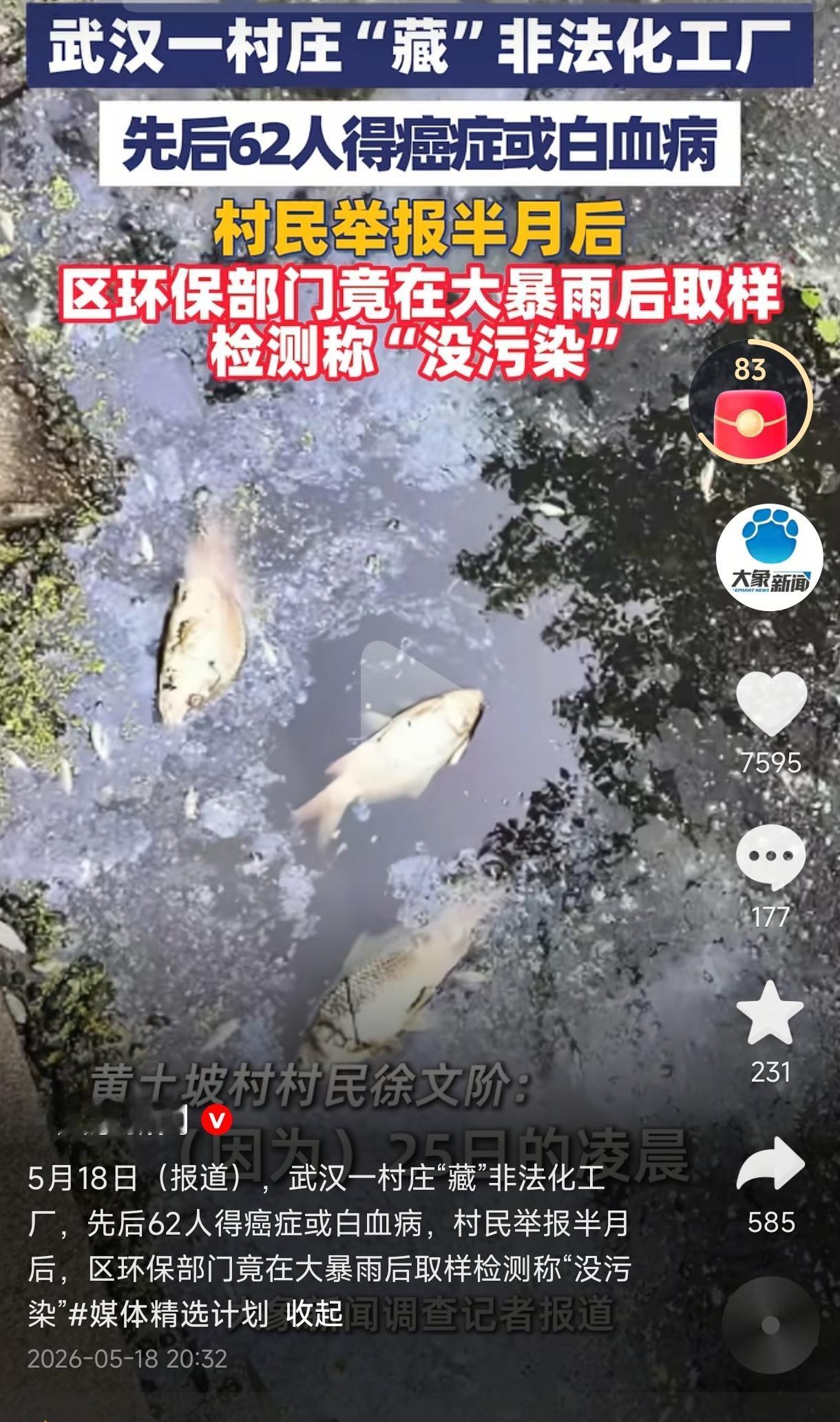 太痛心了。5月18日大象新闻报道，武汉一“癌症村”藏非法化工厂，仅585名村民就