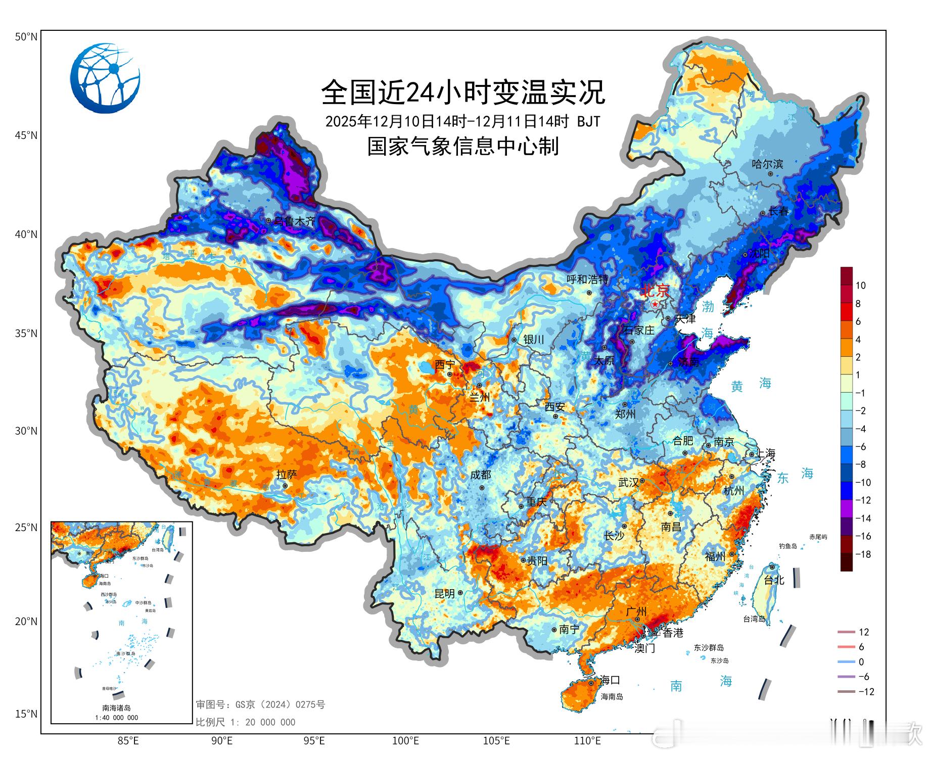 【寒潮导致剧烈降温】今天下午，寒潮主体冷空气以及东侧冷空气的先遣团，导致西北、东