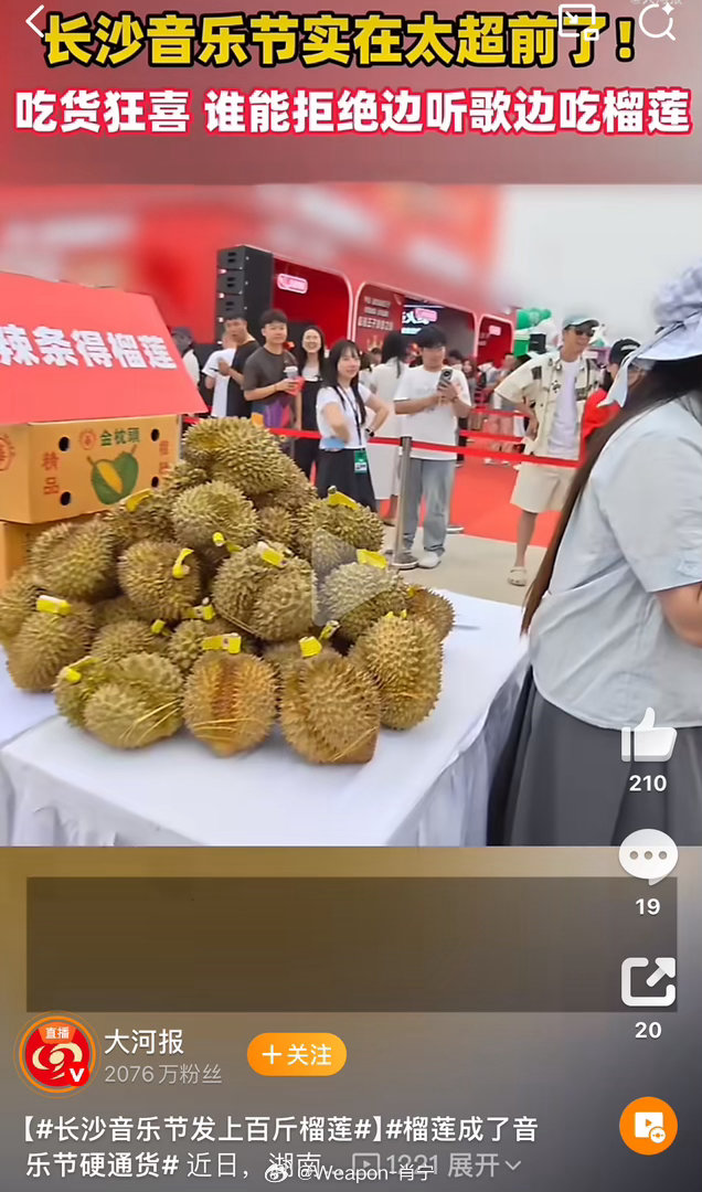 长沙音乐节发上百斤榴莲榴莲成了音乐节硬通货近日在湖南长沙的一场音乐节上，出现了