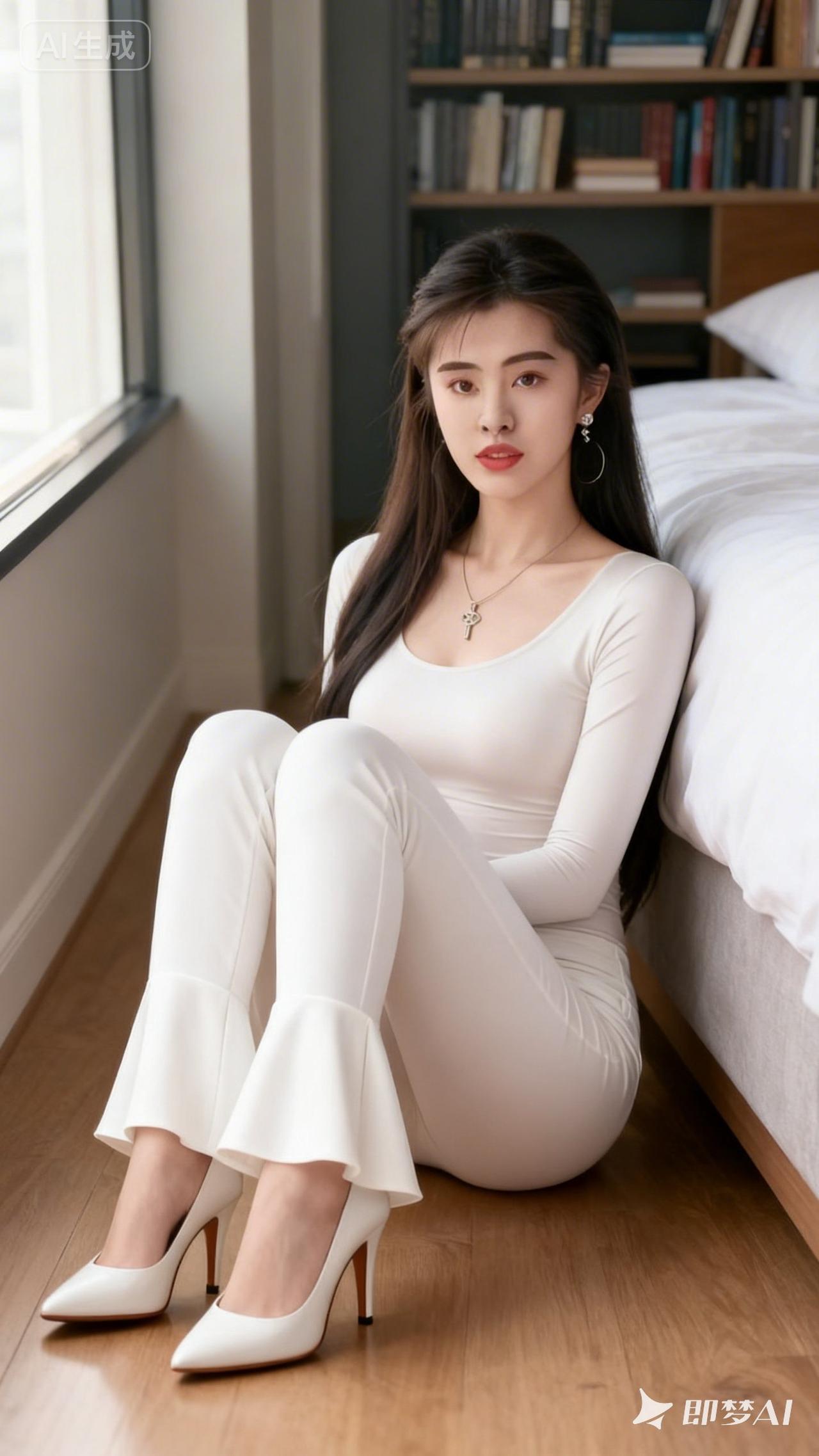 优雅白衣少女，静坐书香卧室，气质如兰。