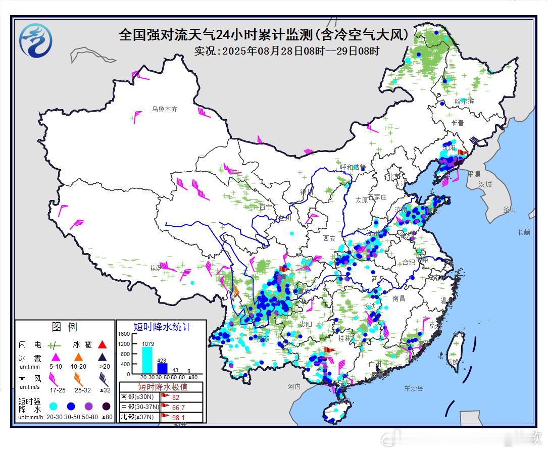 【强对流】昨天到今晨，环绕副热带高压边缘，出现了不少的短时强降雨。从今晨雷达看，