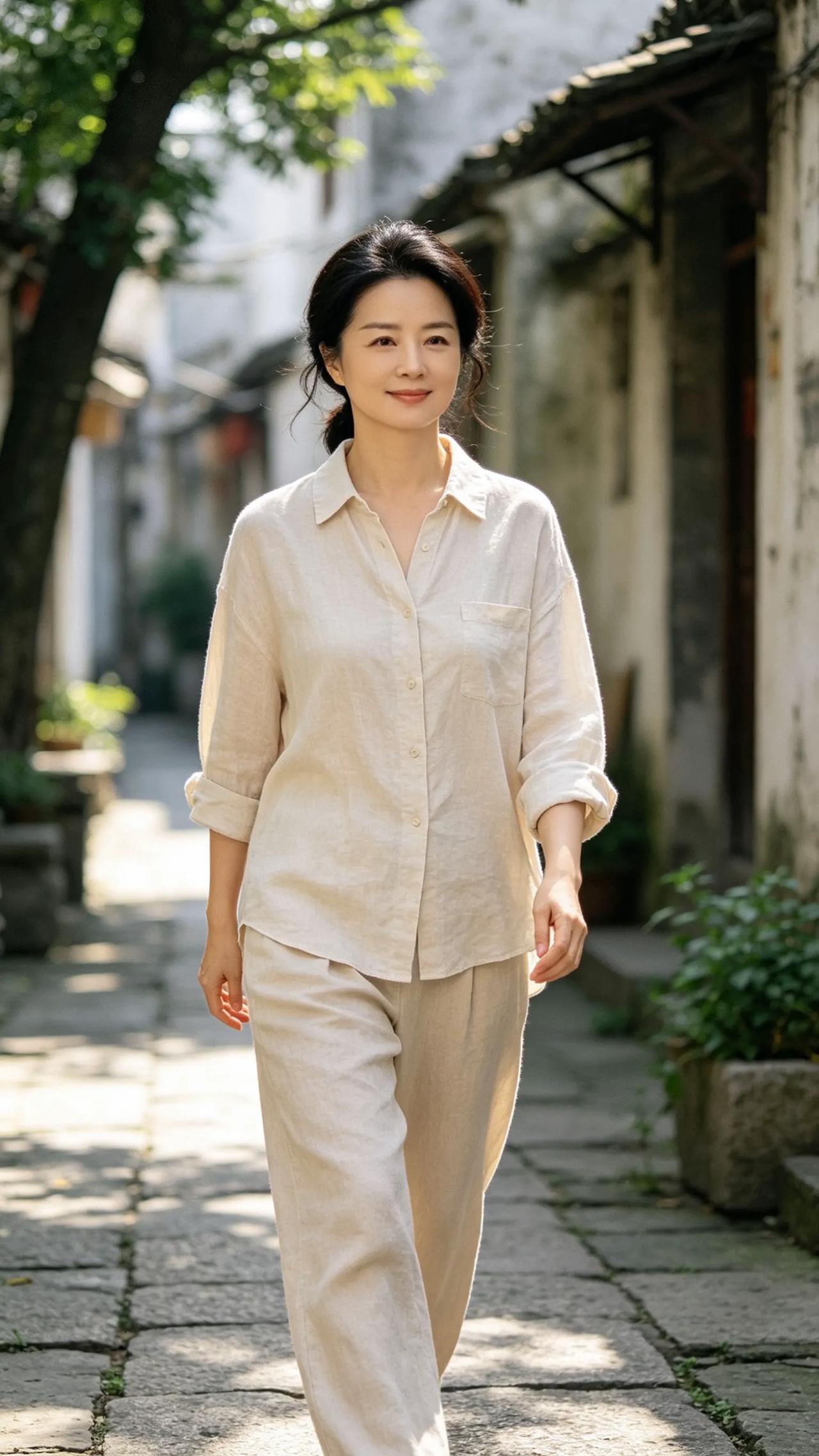 周涛春晚舞台上端庄大气的周涛，褪去礼服，夏日日常格外松弛治愈。一身简约素色休