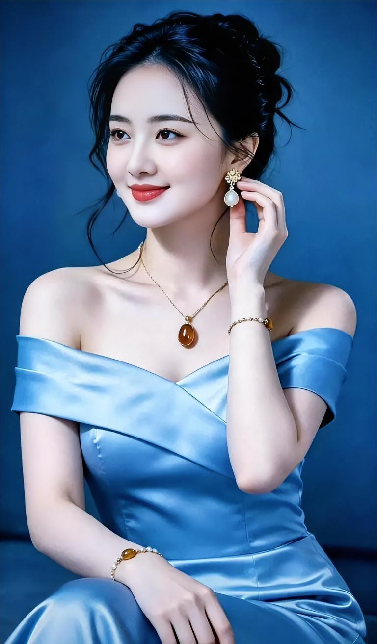 蓝绸滑过肩头，像夜色放轻了脚步珍珠在指尖温软地停驻金链坠着琥珀色的光