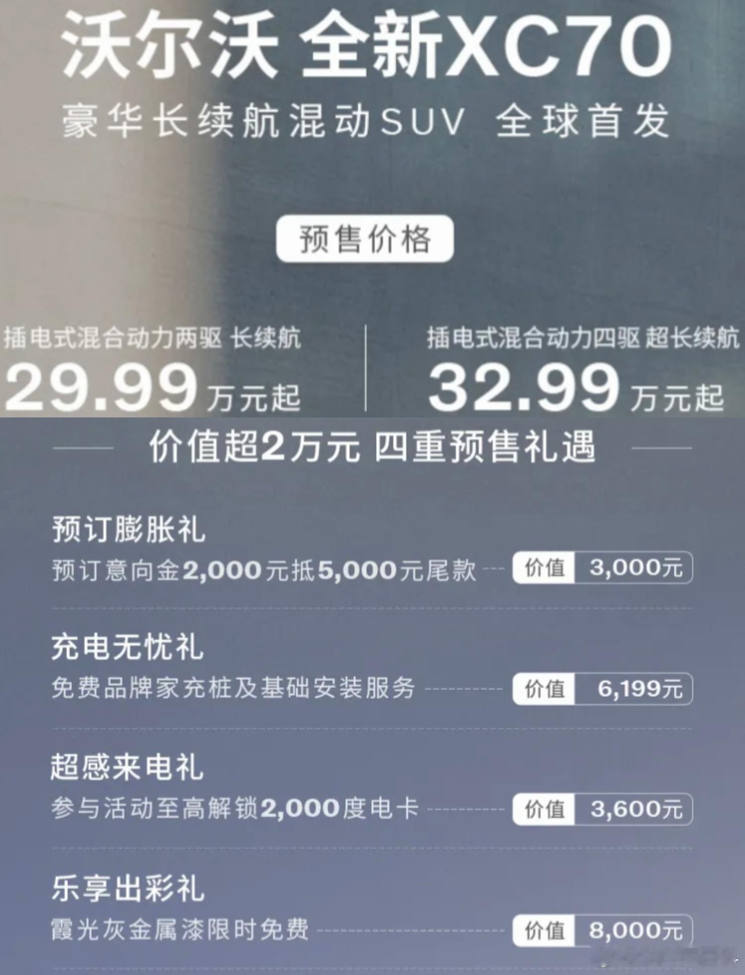沃尔沃全新xc70开启预售，售价29.99万元（两驱长续航）和32.99万元（