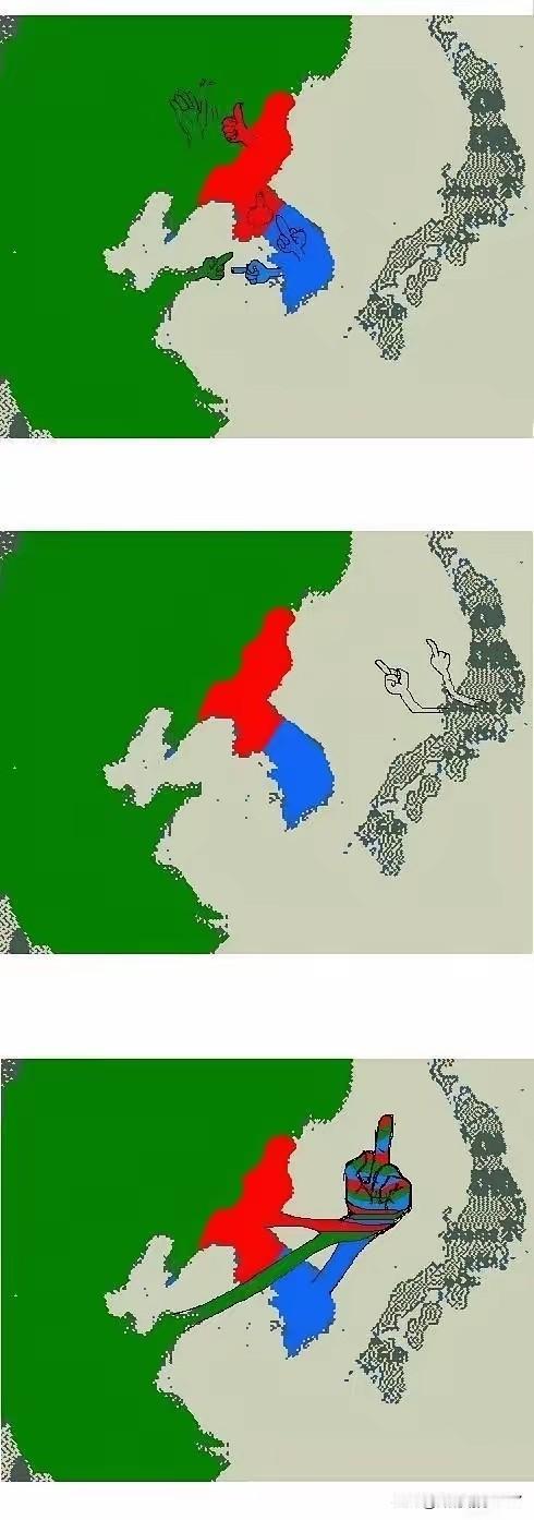 东亚四国的关系图，形容的很惟妙惟肖，东亚四国：东大、韩国、朝鲜、日本，在世界舞台
