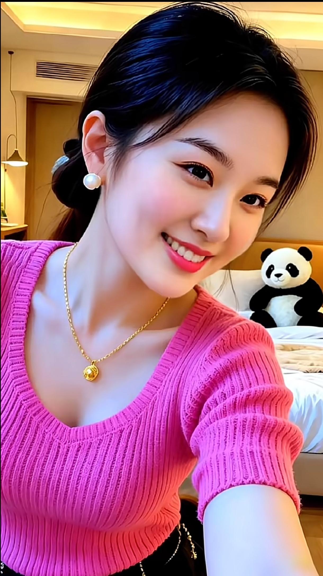 元气少女自拍，粉色毛衣搭配珍珠耳环，元气满满！💖✨分享清纯甜美的小女孩美丽的图