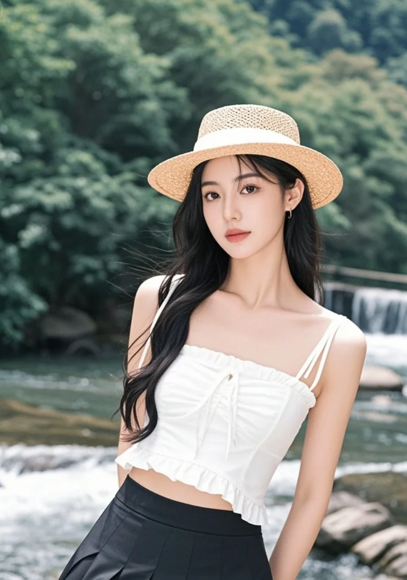 溪水吻过她的脚踝，阳光洒在发梢