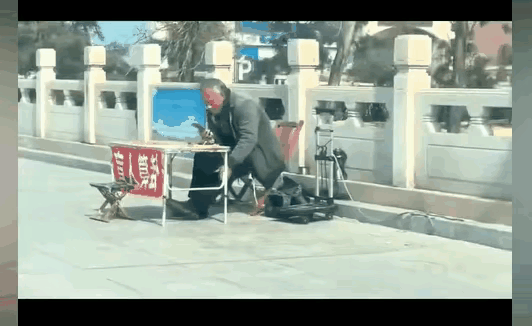 大爷看着手机，笑的挺开心，看了大爷摊位上写的几个字，把我也逗笑了。大爷也太搞笑