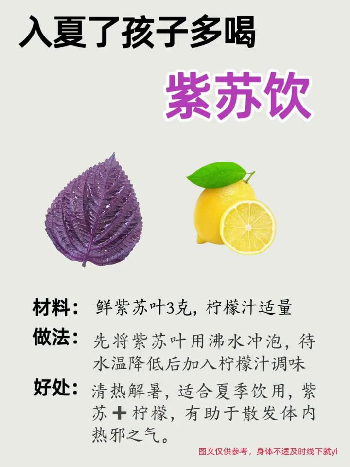 入夏了孩子多喝紫苏饮。紫苏被称为纯阳之草，适合夏天食用，赶走湿寒。·材料：鲜