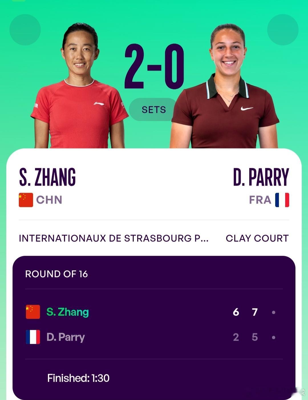 WTA500斯特拉斯堡站🇫🇷女单第2轮幸运落败者参赛的张帅🇨🇳6-2/7