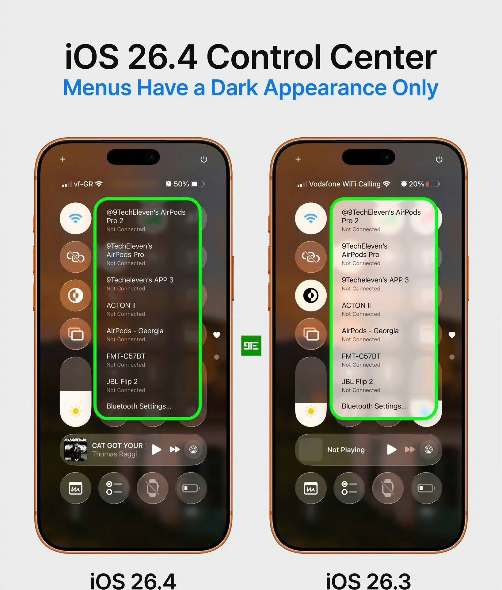 iOS26.4更新后控制中心与之前的iOS版本相比上下文菜单颜色更深