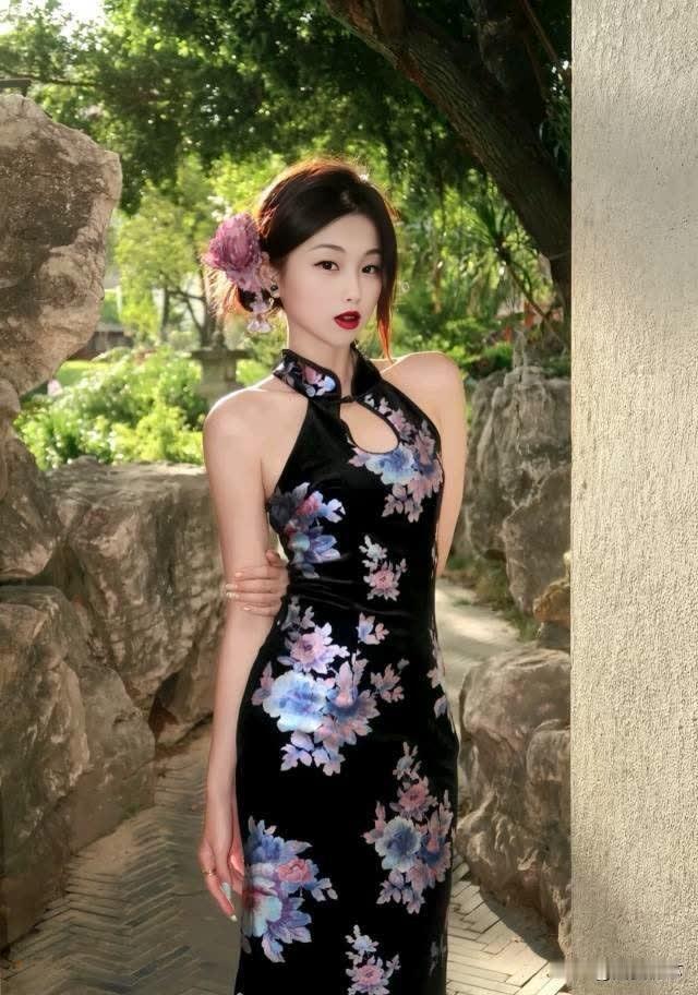 优雅黑裙，花间漫步，尽显东方韵味