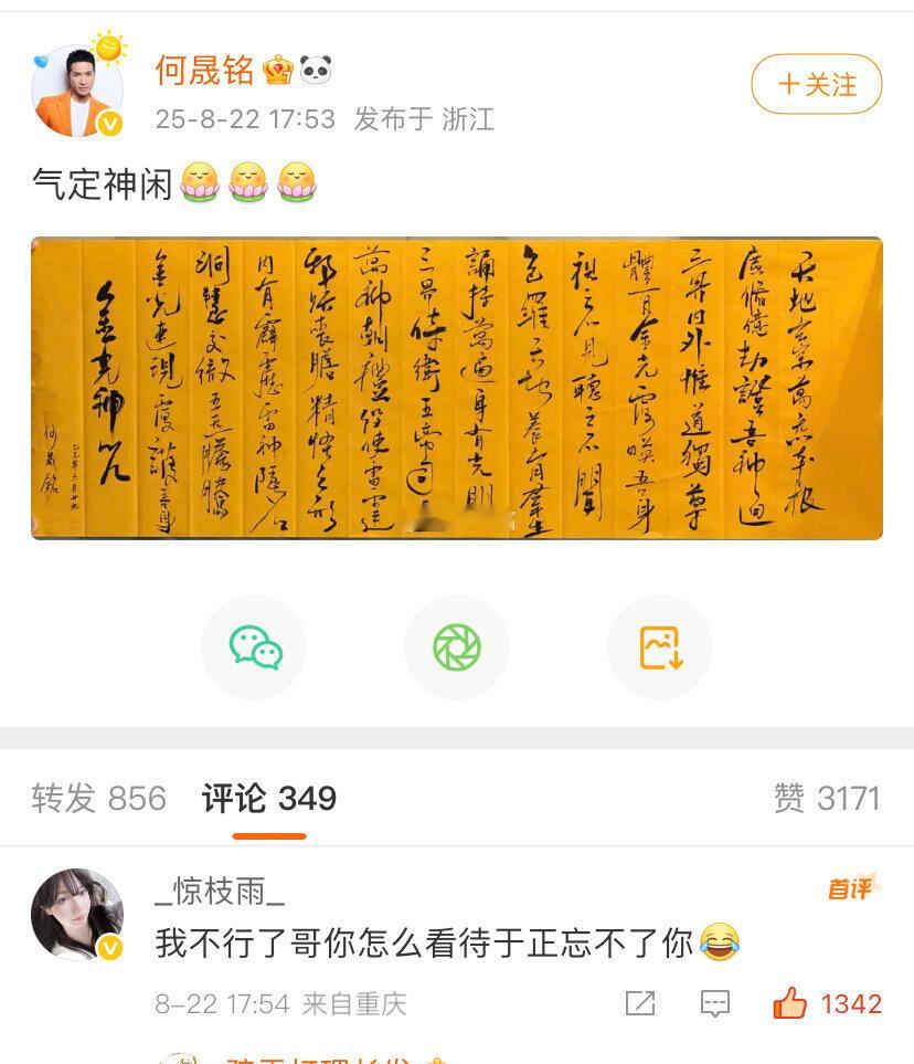 何晟铭在气定神闲写书法的时候，于正已经在输液了[笑着哭][笑着哭][笑cry