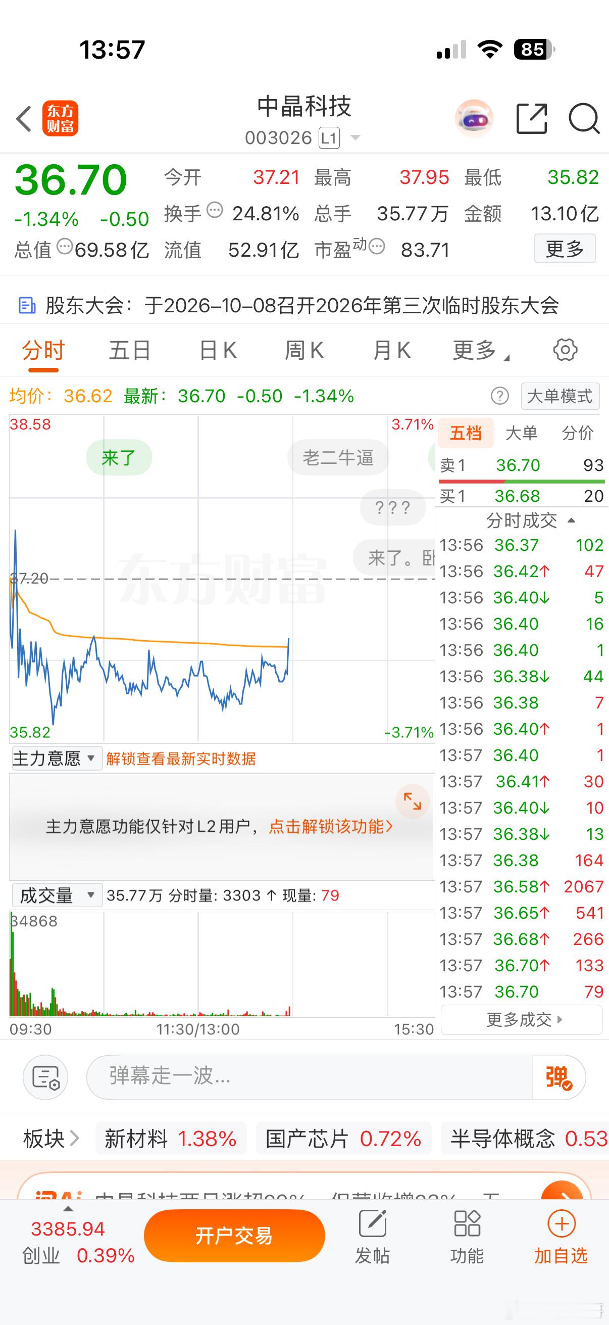 今天进了中晶003026尾盘拉伸，不知道明天会怎样！明天高开就走！​​​