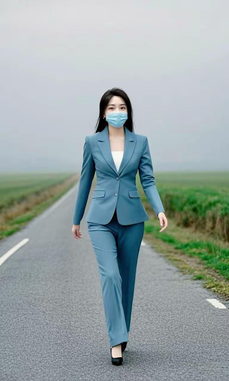 职场女性，自信前行，口罩下的美丽与坚韧并存。