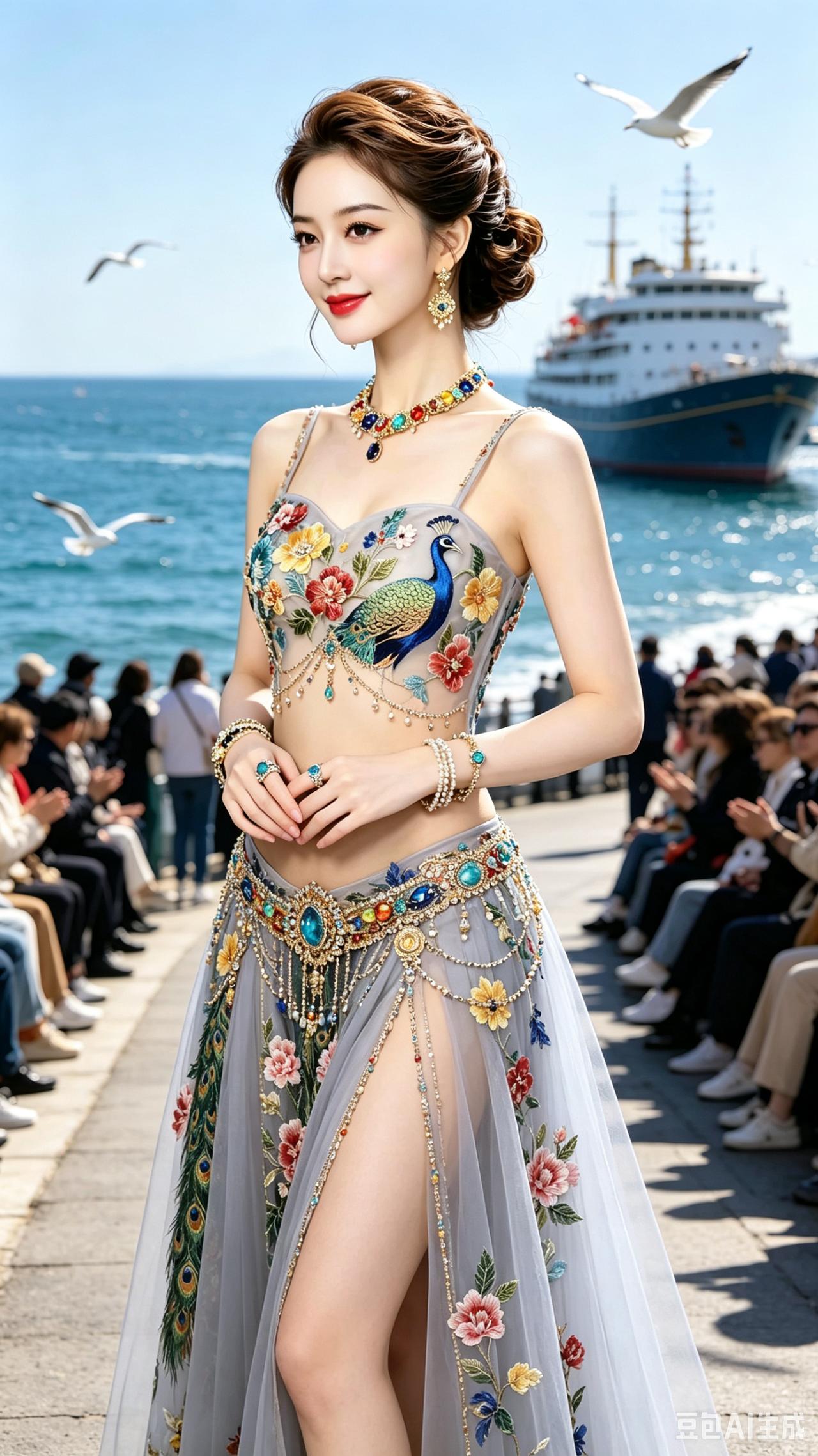 孔雀仙姿戏碧流彩绣罗裙映雀柔，华光腰链韵风流。沧波巨舰鸥相伴，万众凝眸醉绮眸