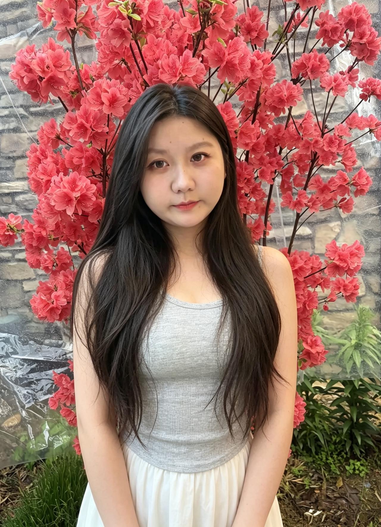 春日的繁花绕在身侧素色衣衫衬得眉眼温润长发垂落肩头藏着淡淡的温柔每一寸光