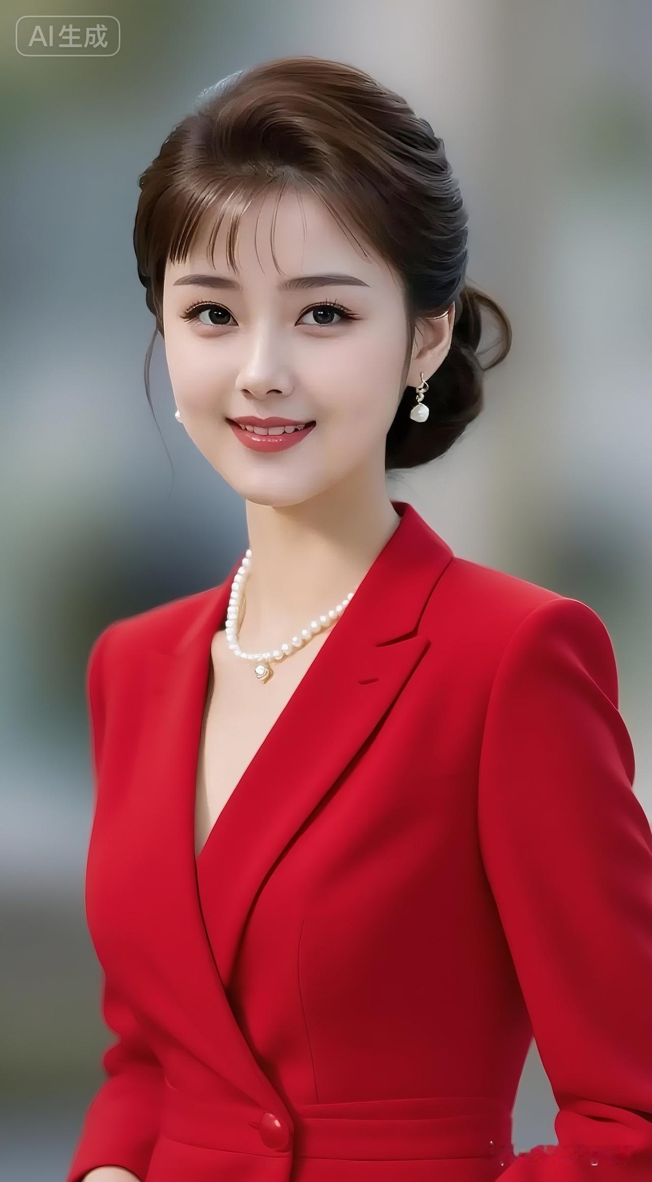 优雅红衣女郎，珍珠项链点缀，尽显时尚魅力！