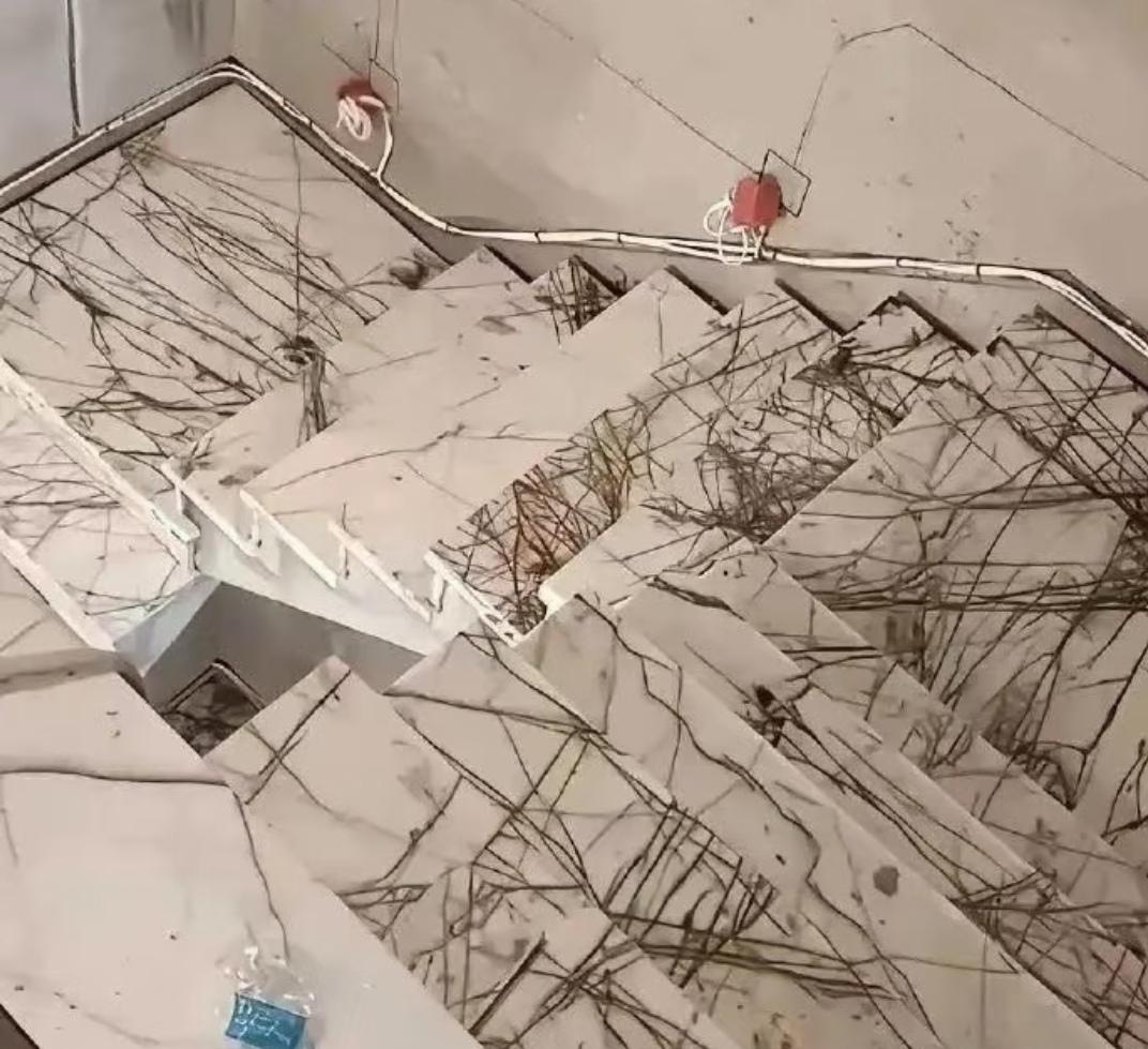 找亲戚帮忙装修，看到这个楼梯地砖人都懵了。纹路横七竖八乱得离谱，每一步花纹全都对