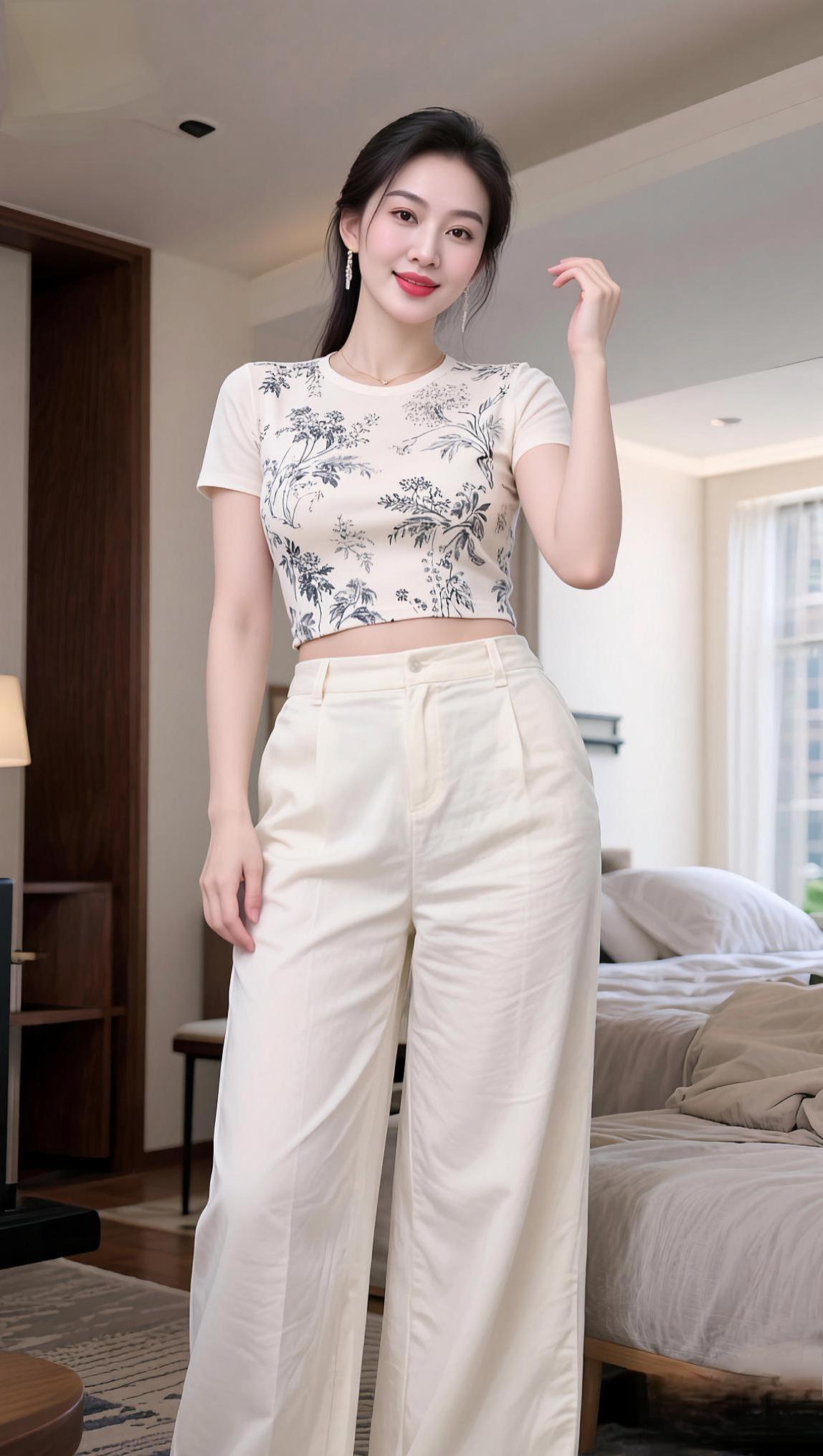 夏日想要穿得清新自在又显优雅，白色印花短袖配高腰阔腿裤就是绝佳组合。就像1米7