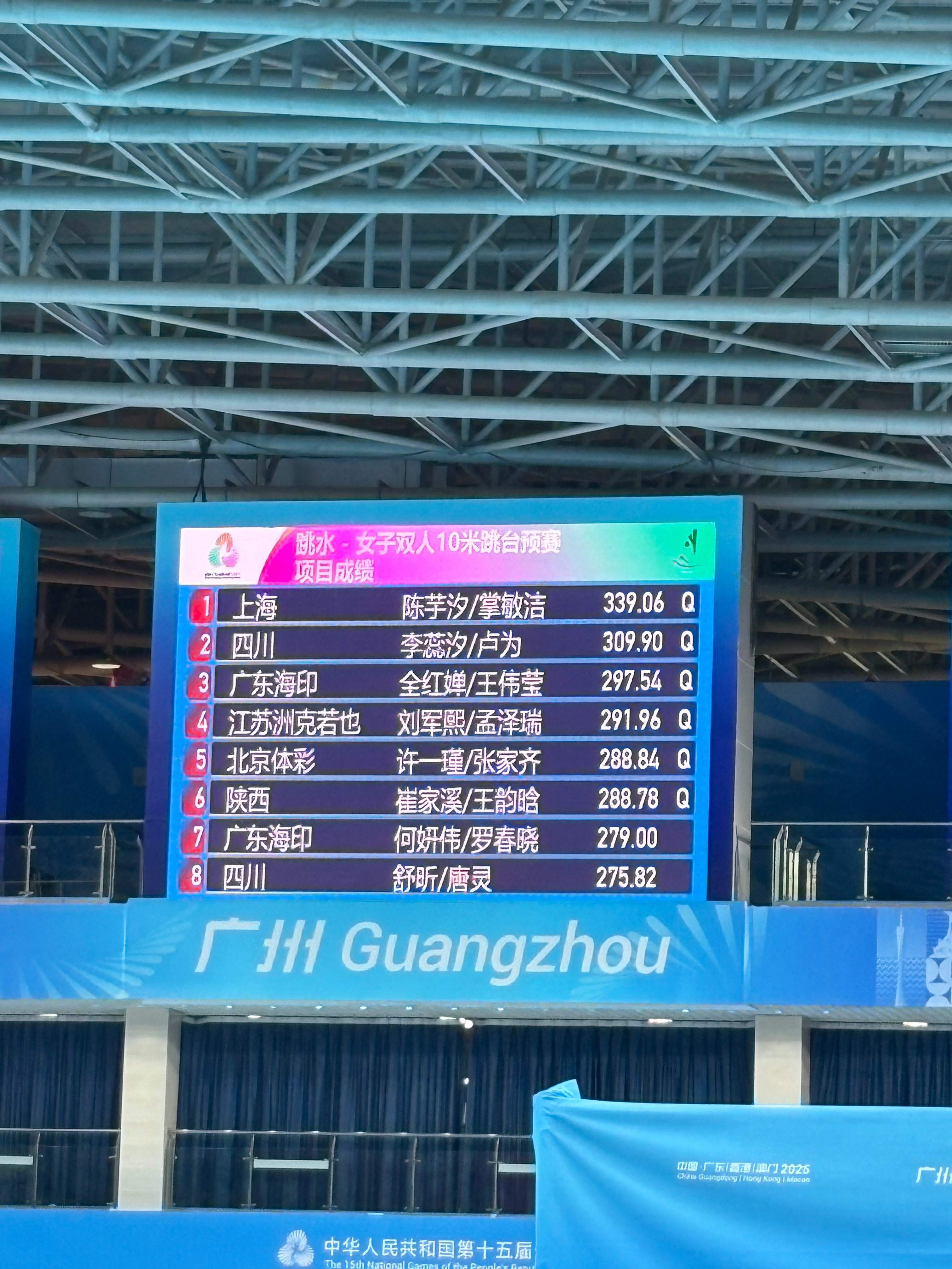 全红婵陈芋汐今晚会师决赛刚刚结束的女子双人10米台预赛，陈芋汐\掌敏洁339.