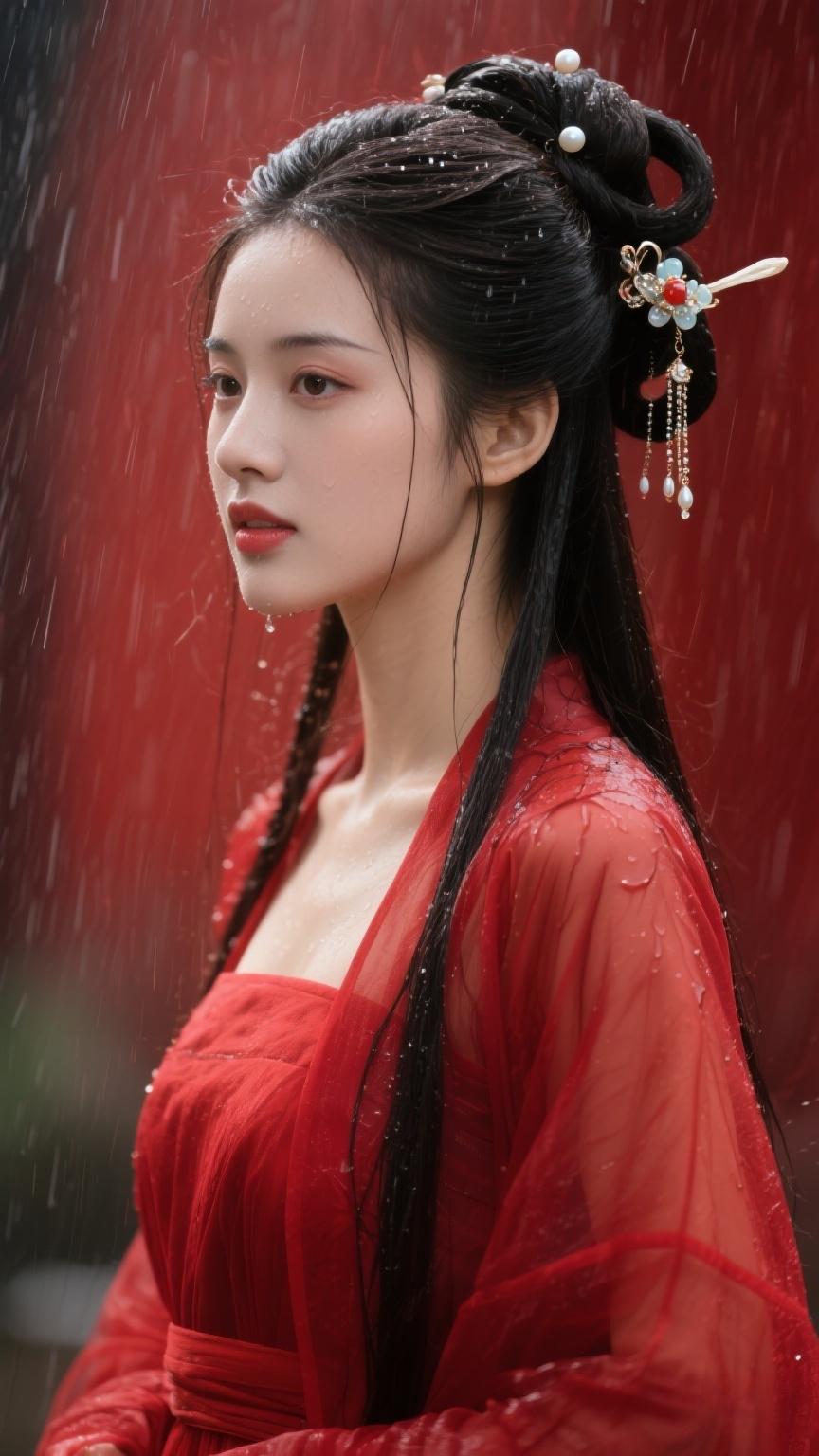 雨中红衣美人，古典韵味十足古韵红衣女神古典红裙佳人红衣佳人写真